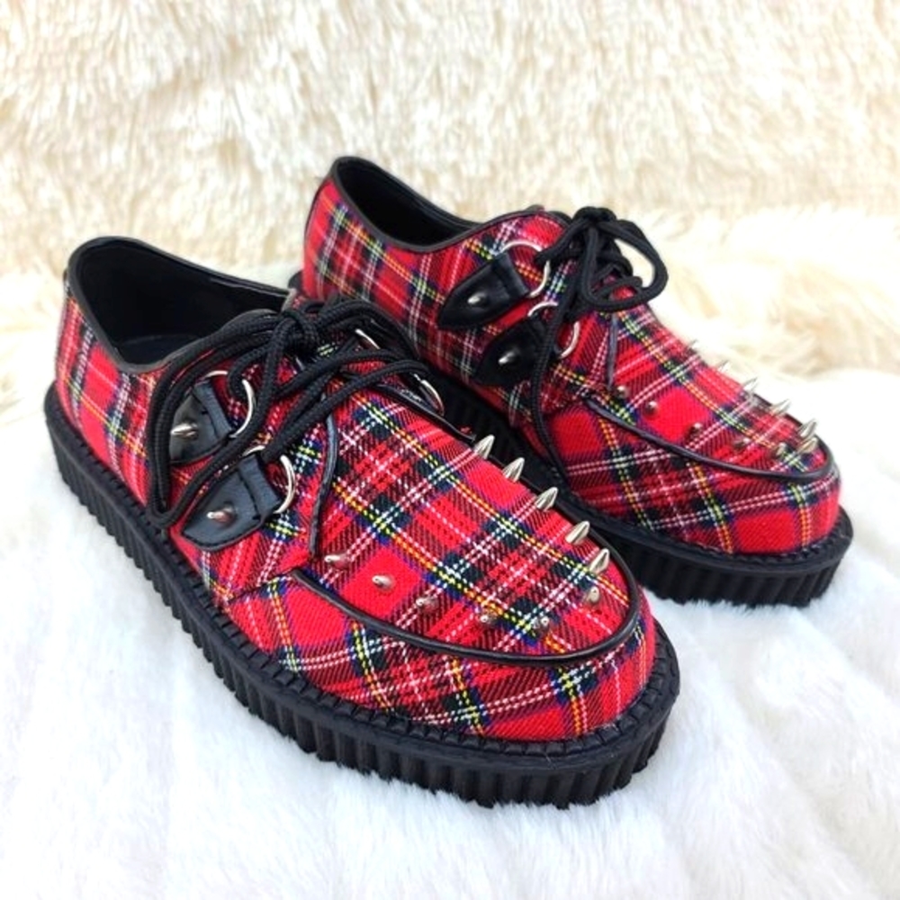 Demonia Red Plaid Platform Creeper w/ Cone Spikes - Picture 2 of 10